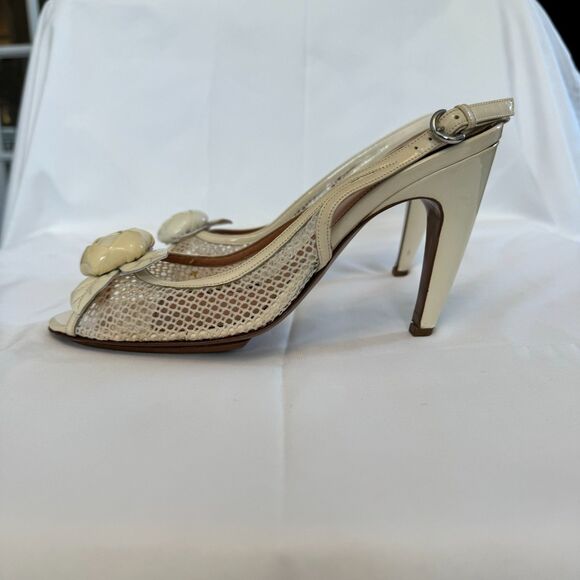 Sergio Rossi Women's Off White Patent Leather Slingback Floral Sandal Size 9 - Picture 5 of 9